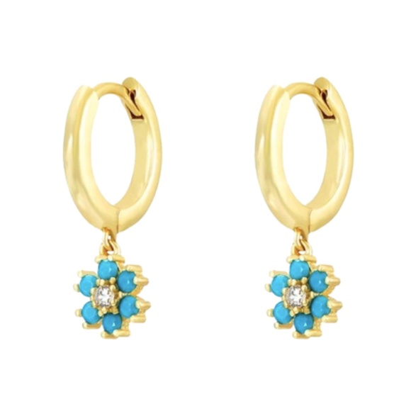 Gold Dainty Minimalist Turquoise Flower Earrings - Picture 1 of 3